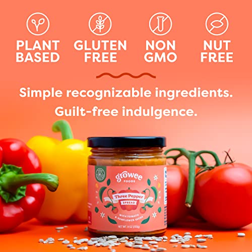 Growee Foods Vegan Three Pepper Dip and Spread (Mild) | Made from Red, Yellow, Green Peppers, Tomatoes and sunflower seeds | Plant-based, Non-GMO, Gluten-free, Tree Nut-free | Put on Crackers, Wraps, Sandwiches | - 9 oz