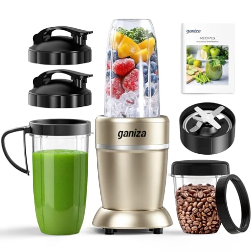 Image of Ganiza Smoothie Blender Max 1300W, Personal Kitchen Blender & Grinder Combo | 23 oz, (2) 37 oz To-Go Cups, 6-Leaf Blade, Portable Maker for Smoothies, Shakes, Frozen Drinks, Sauces, Coffee Beans, Nuts