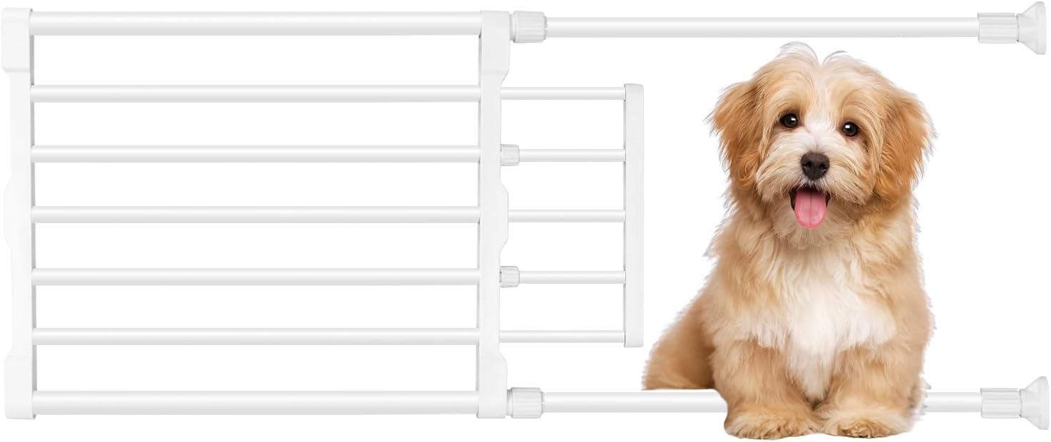 Maerd Short Dog Gates for Doorways,Dog Gate to Step Over,Retractable Puppy Gate for Stairs Indoor with Door,15.7Inch Doggy Gate,Black and White Pet GATE (White, 29''-38'' W, 15.7' H) White 29''-38'' W, 15'' H