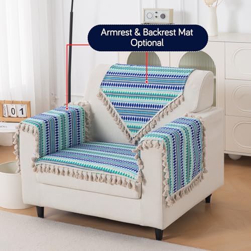 Image of HOKIPO 'Artisan Boho Series' Sofa Cover Mat with Tassel | 450 GSM Cotton Acrylic Jacquard for 1 Seater Sofa, Royal Blue (IN-901-A2*S)