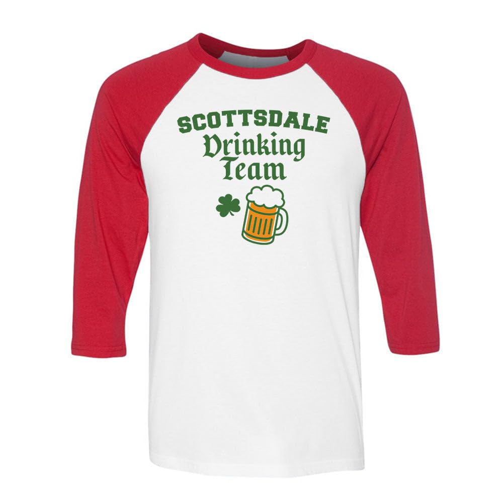 TeesAndTankYou Scottsdale Drinking Team St. Patrick's Day Three-Quarter Raglan Sleeve Baseball Shirt Unisex X-Large White/Red
