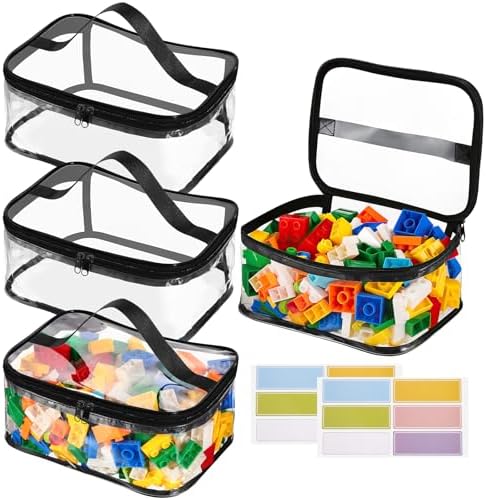 4 Packs Clear Toy Storage Bags, PVC Waterproof Toy Organizer with Zip Reusable Bags for Building Blocks, Board Game, Puzzles, Kids Books, Stationery