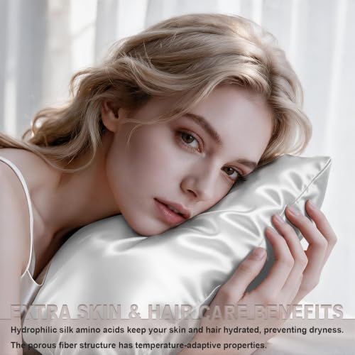 Image of LYSHIN White Silk Pillow Cases 2 Pack King Size with Zipper | 19 Momme Mulberry Silk Pillowcase for Skin and Hair, Anti-Acne, Hypoallergenic, Cooling, Beauty Sleep, Gifts for Women