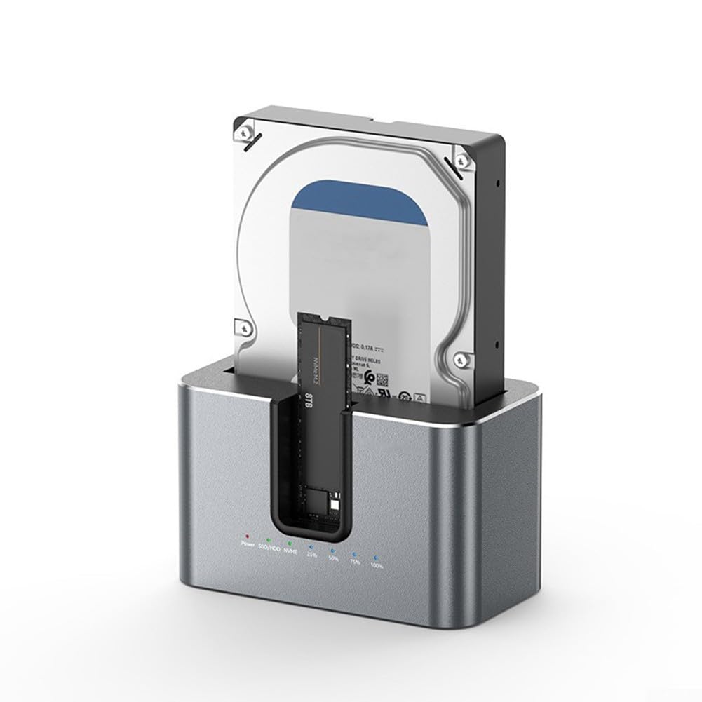 Enclosure per disco rigido a doppio slot per M.2 NVMe e 2,5/3,5" per SATA, custodia SSD USB-C da 10 Gbps con funzione di copia offline, alloggiamento in lega di alluminio per il backup dei dati