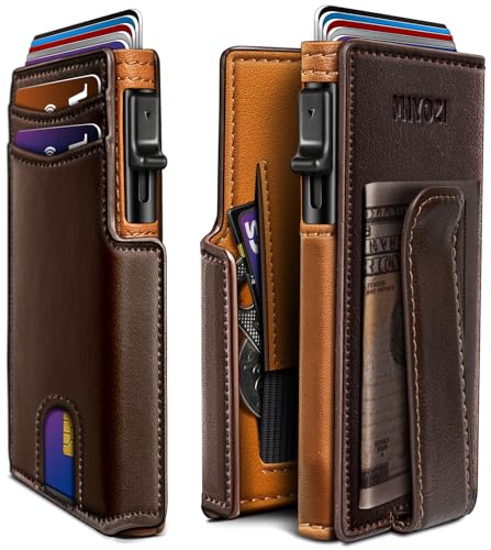 miyozi Wallet for Men Magnetic Minimalist Slim Wallet with Pop Up Card Holder 9 Cards RFID Blocking Metal Credit Card Case Leather Wrapped Money Clip ID Window & Small Item Slot Gift Boxed