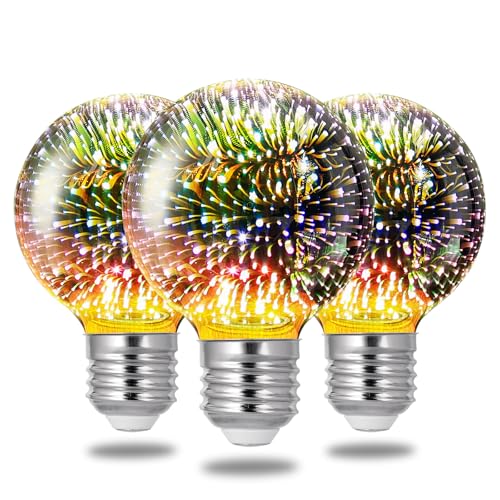 Porseme 3D Fireworks Decorative Light Bulb, E26 Base, 4W, AC100-240V, Glass Bulbs with Soft Warm Light, Shiny Decor for Home, Bedroom, Party (Included 3-Pack G80 Bulbs) - image 1