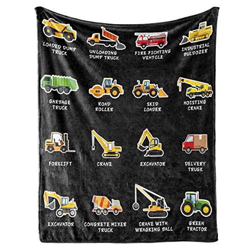 Construction Vehicle Blanket Boys Excavator Blanket for Kids, Soft Flannel Crane Dump Truck Blanket for Birthday Children's Day, with Bulldozer Tractor Forklift Roller on it 32x48in
