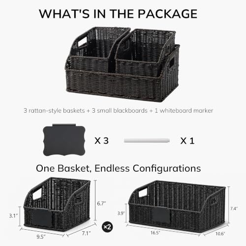 Image of Brownlily Wicker Pantry Storage Baskets with Chalkboard,Handwoven Baskets for Organizing with Built-in Handles, All-Purpose Storage Baskets for Shelves, Laundry Room, Black - Single Set (3-Piece)