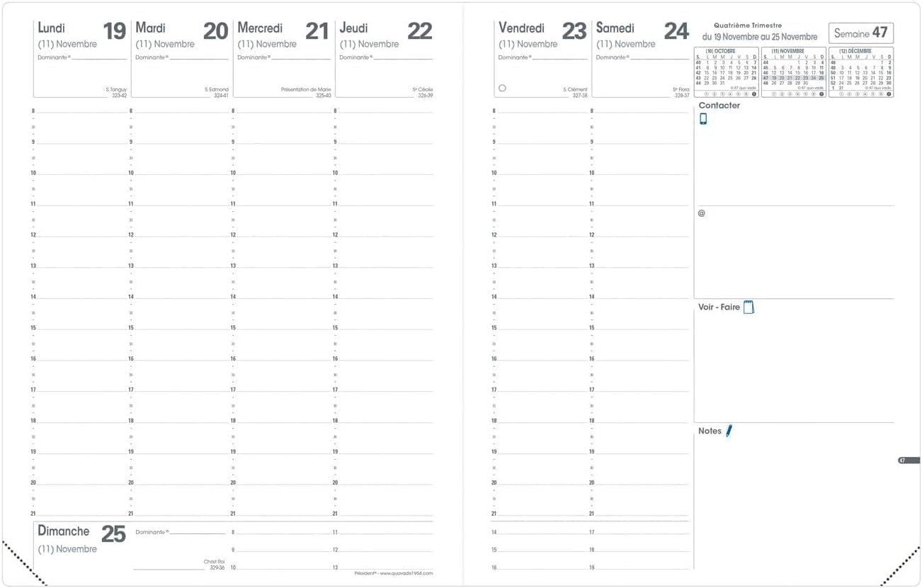 QUO VADIS - 1 Recharge Agenda Semainier Président - Dimension 21 x 27 cm - Décembre 2026 à Décembre 2027 - Reliure Brochée - Tranche Dorée - Répertoire Amovible.