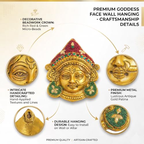 Image of Kalakriti Goddess Durga Face Wall Hanging Navratri Decorative Idol | Golden Finish Beaded Hindu Ambe MATA Bengali Devi Mask for Home Temple, Living Room & Festive Decor (Durga Face)