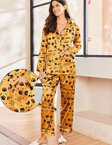 Image of Ekouaer Pajamas for Women Silk Satin Button Down Long Sleeve Pajama Sets