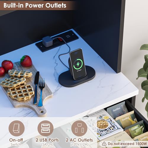 Image of HIFIT 72 inch LED Kitchen Pantry Cabinet with Power Outlet & Cup Hook, Tall Kitchen Hutch Storage Cabinets w /Marble-Patterned Countertop Microwave Stand, Food Pantry w /Door for Dining Living Room, Black