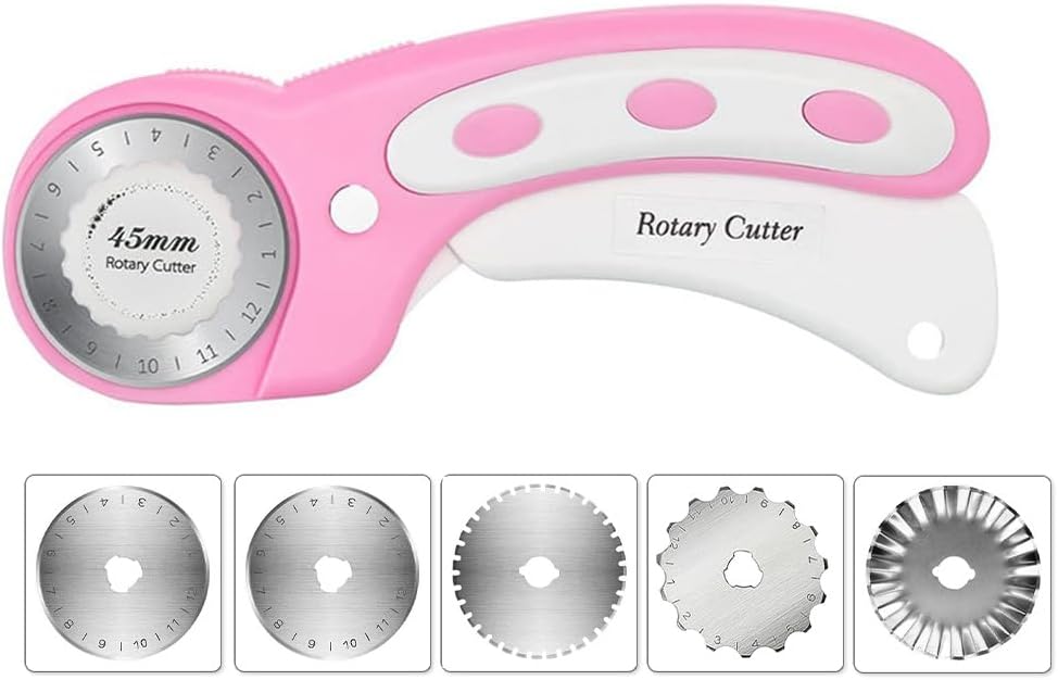 45mm Rotary Cutter with 5pcs Extra Blades, Ergonomic Handle Rolling Cutter with Safety Lock for Fabric, Leather, Crafting, Sewing, Quilting, Fabric Rotary Cutter Perfect for Left & Right Hand (Pink)