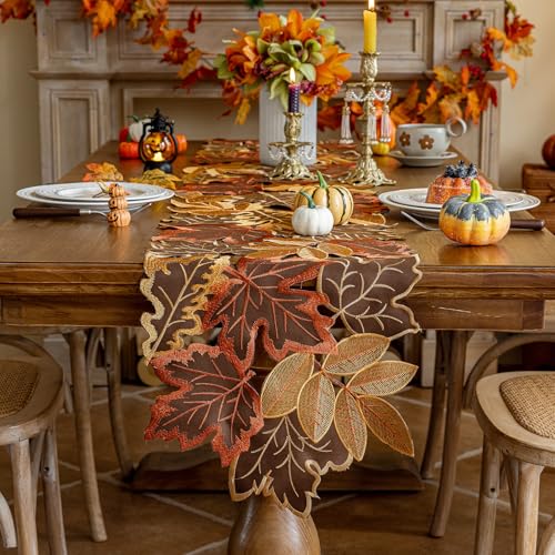 Joyfol Day Fall Thanksgiving Table Runner 14 x 86 Inches, Cutwork Embroidered Brown Maple Leaves Table Runners, Autumn Rust Dresser Scarf for Harvest Party Dinner Seasonal Decoration