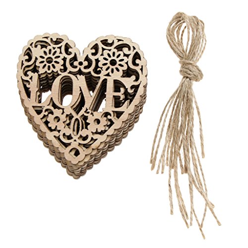 non-brand MagiDeal 10 Pièces Signe de Mariage en Bois LOVE Ajouré Forme Cur avec Ficelle de Jute Décoration Chaise pour Fête de Mariage