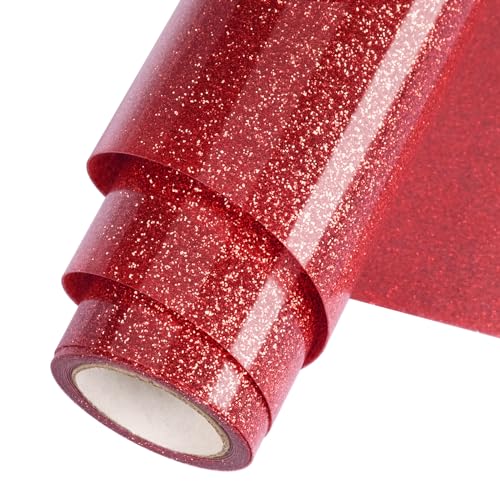 WOOGLITTER Red Glitter HTV Heat Transfer Vinyl Roll 12inch x 5 ft for T-Shirt Crafts Glitter Iron on Vinyl Suitable for All Cutter Machines Easy to Cut & Weed for Heat Vinyl Design