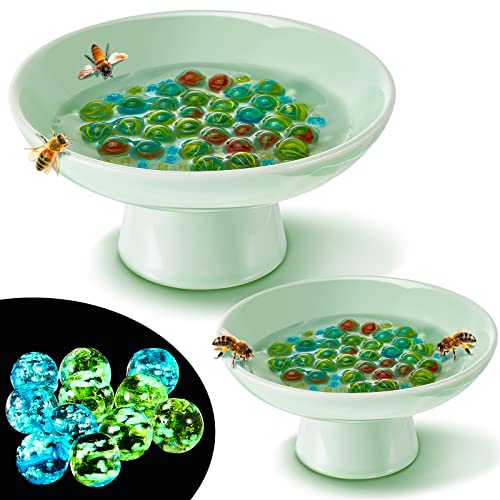 2 Pcs Bee Watering Station Bee Watering Ceramic Bowl with 140 Glass Marbles Cups for Garden...