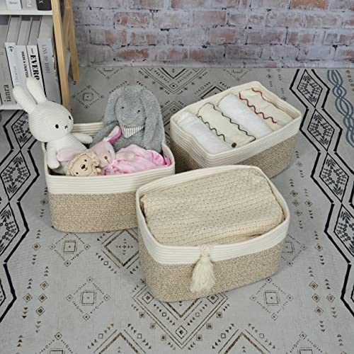 Cotton Rope Storage Basket Bins Woven Basket For Organizing Shelves Rectangle Decorative Baskets For Storage Clothes Toys Books Towels Square Wicker Nursery Basket Organizer 3 Pack White And Brown #TOP3