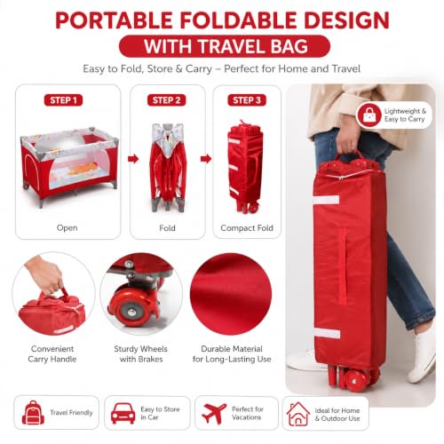 Image of Safe-O-Kid Baby Cot Foldable with Travel Bag | 2-in-1 Baby Playpen & Cot | 1 Year Warranty | Portable Baby Crib with Diaper Changing Station, Music, Toys, Organizer, Breathable Mesh for 0-3 Years - Red