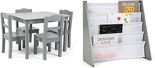 Humble Crew Kids Wood Table and 4 Chair Set, Grey & Grey/White Kids Book Rack Storage Bookshelf, 4 Tiers