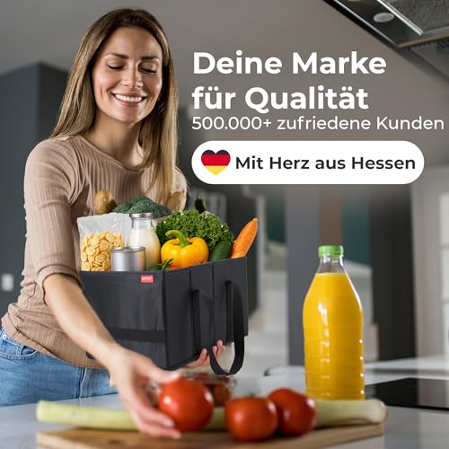 achilles Einkaufstasche faltbar, Smart-Box zum Einkaufen, Tragetasche, Aufbewahrungs-Organizer, Picknickkorb, Transportkiste, Tragekorb, Wieder verwendbare Einkaufsbox, schwarz, 37 cm x 23 cm x 21 cm