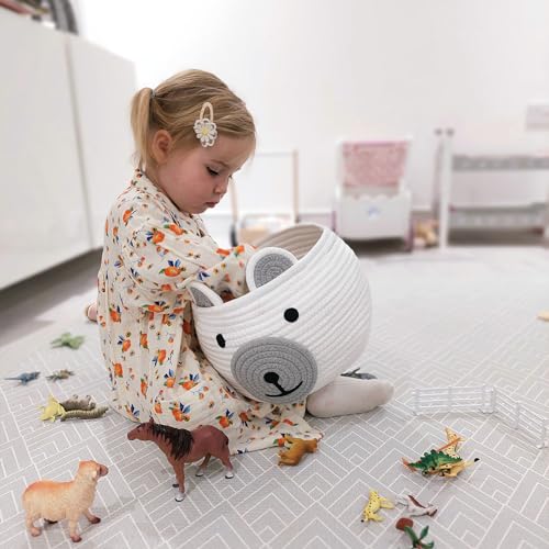 Image of CherryNow Cotton Rope Baby Basket for Nursery, Bear Gift Baskets for Kids, Empty Baby Shower Basket with Handles, Small Cute Animal Baskets, White, 10.5 inchD x 8.5 inchH