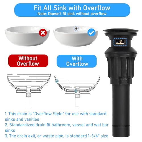 Echli EC-POP UP DRAIN Up Drain, All Metal Bathroom Sink Drain Stopper With Overflow, Vessel Sink Drain Assembly With Detachable Basket Stopper thumb #2