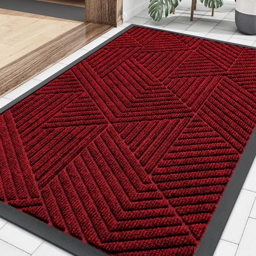 Image of Smiry Front Door Mat Outside Entrance, Heavy Duty Sturdy Natural Rubber Doormat, Trap Dirt and Moisture, Easy Clean Low Profile Mats for Indoor Outdoor Entry, Irregular Triangle (29.5x17, Deep Red)