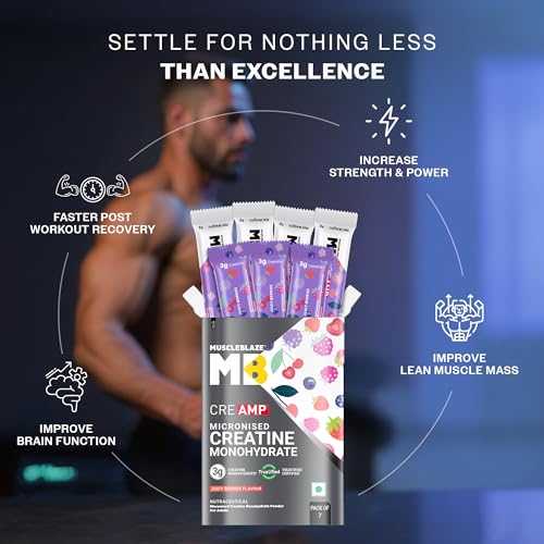 Image of MuscleBlaze Micronised Creatine Monohydrate CreAMP Powder, 7 Sachets | Juicy Berries | Trustified Certified Creatine