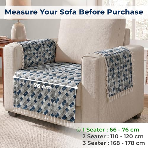 Image of Story@Home Quilted Anti Slip Sofa Cover Mat with 2 Armrest Cover, 1 Seater Velvet Sofa Protector with Tassels | Sofa Cover Mat for 1 /2 /3 Seater & L-Shape Sofa - 76 x 61 Cm - Grey & Cyan