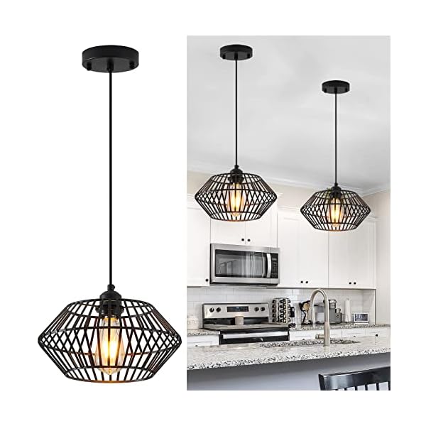 SGLfarmty Modern Black Pendant Light with Iron Cage, Industrial Pendant Light Fixture, Adjustable Metal Hanging Pendant Lights, Farmhouse Black Pendant Lighting for Kitchen Island, Sink, Hallway, Bar SGLfarmty Modern Black Pendant Light with Iron Cage, Industrial Pendant Light Fixture, Adjustable Metal Hanging Pendant Lights, Farmhouse Black Pendant Lighting for Kitchen Island, Sink, Hallway, Bar