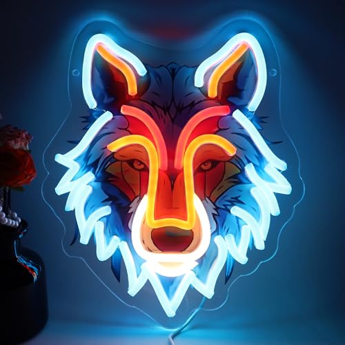 Image of Wolf LED Neon Sign with Printed Backboard, Wild Animal Wall Decor, USB Powered Neon Light for Man Cave, Game Room,Boy Room, Bedroom & Modern Home Decor Holiday Birthday Gift