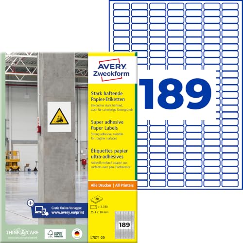 AVERY Zweckform L7871-20 Stark haftende Etiketten (3.780 Aufkleber, 25,4x10mm auf A4, extrem stark selbstklebend, auch für schwierige Oberflächen, bedruckbare Power Klebeetiketten) 20 Blatt, weiß