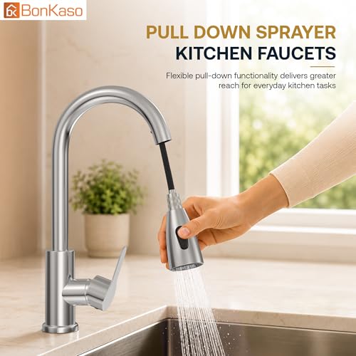Image of BonKaso Stainless Steel Kitchen Sink Mixer Tap with Pull Down Sprayer, 360 Degree Swivel Kitchen Faucet with Dual Spray and Stream Modes, Rust Proof Deck Mount Pull Down Tap for Kitchen Sink, Silver