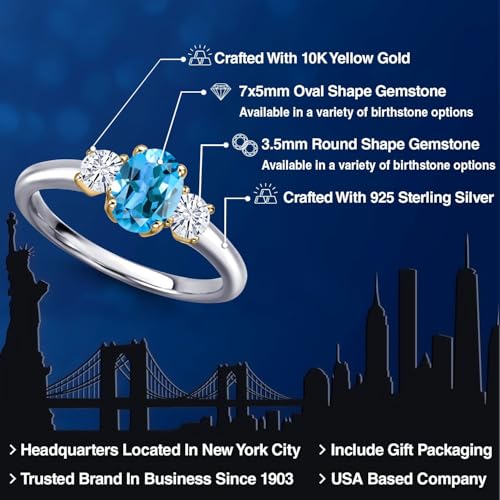 Gem Stone King 925 Silver and 10K Yellow Gold Swiss Blue Topaz and White Moissanite 3-Stone Engagement Ring For Women | 1.32 Cttw | Oval 7X5MM and Round 3.5MM | Available in Size 5,6,7,8,92