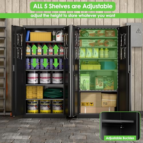 Image of Metal Storage Cabinets with 2 Doors and 5 Adjustable Shelves, 71 inch H Lockable Garage Storage Cabinet with Pegboard and Hooks, File Cabinet with Lock for Office, Home, Garage, Black