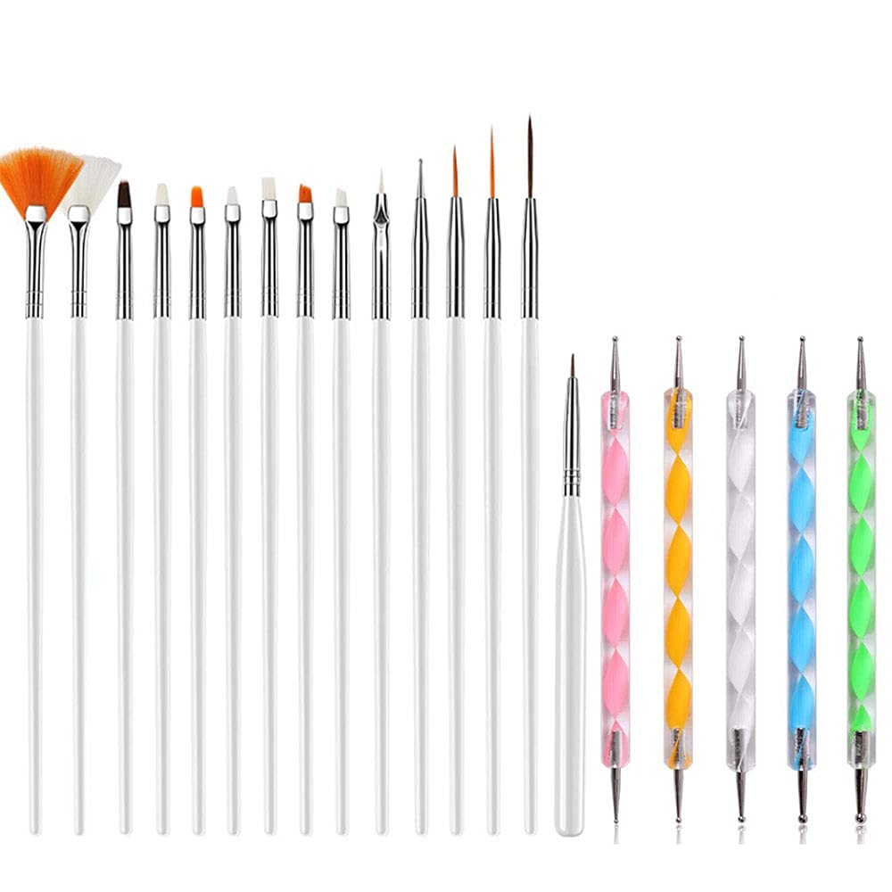 ANCLLO 15pcs White Nail Art Brushes Set Nail Painting Brushes Pen with 5pcs Dotting Tool for Professional Nail Pen Designer