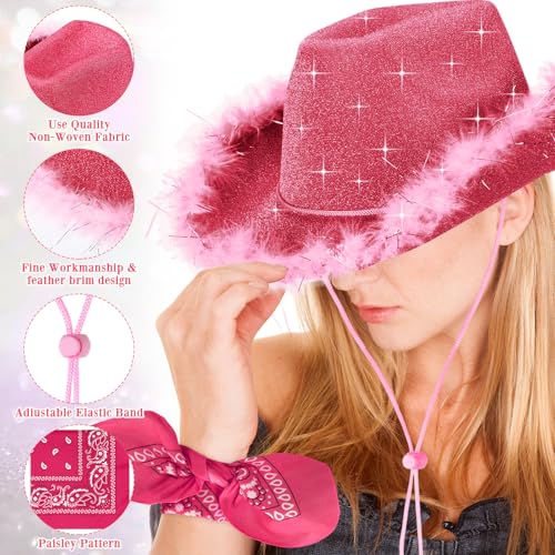 Image of Coume 12 Pcs Sparkly Adults Cowboy Hat and Bandanas Women Men Western Glitter Cowgirl Party Hats with Adjustable Drawstring