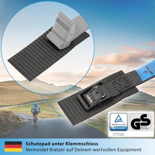 valonic ANT - 4X 35cm Kurze Spanngurte für Fahrradträger, gepolstert, Blaue Fahne, TÜV Rheinl. / GS Zertifiziert, Spanngurt mit Klemmschloss, schwarz - für Dachbox, Fahrrad, Bike, Zurrgurt