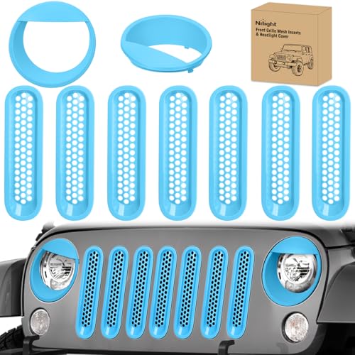 Image of Nilight Grill Inserts fit for Jeep Wrangler Front Grille Mesh Inserts & Headlight Cover Set for JK JKU Unlimited Sports Sahara Freedom Rubicon 2007-2018 Clip-in Trim Exterior Accessories Blue 9 Pcs