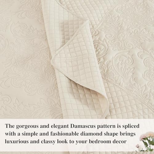 Image of ENJOHOS Oversized King Bedspread 138x122, California King Quilt with Damask Pattern, Beige Coverlet with Pillowcase, Lightweight Soft Extra Wide Comforter Bedding Set for All Season | Breathable