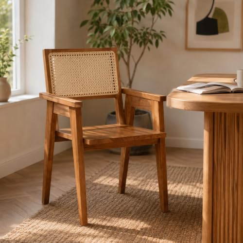 Image of Solid Sheesham Wood Dining Chair with Cane Backrest | Modern Wooden Arm Chair for Dining Room, Living Room & Cafe | Handcrafted Rattan Accent Chair | Natural Finish