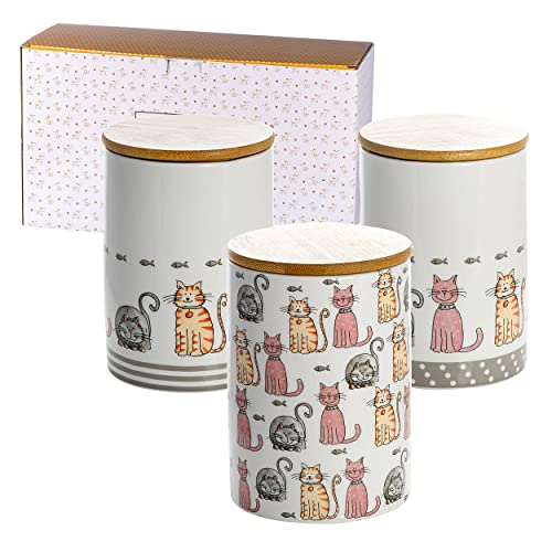 SPOTTED DOG GIFT COMPANY Tarros de Almacenamiento de Ceramica, Juego de 3 Botes Cocina Almacenaje con Hermético Tapa, Regalos Decorativos Originales para Amantes de Gatos, 1,2L cada uno
