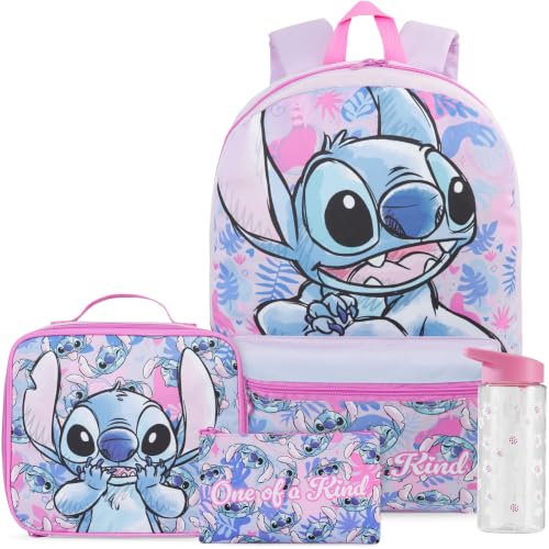 Get Trend Disney Stitch Mochila Escolar Niña Set 4 Piezas, Mochila Infantil con Botella Agua 500 ml, Estuche Escolar y Bolsa Termica Porta Alimentos para Colegio (Multi Stitch)