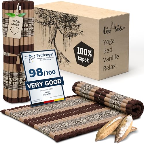 livasia colchón/esterilla enrollable L amplio y cómodo - 200x110x4,5cm - Cama invitados bordada 1 persona, Cama de viaje, Esterilla tailandesa de kapok para jardín/balcón artesana (Marrón/Elefantes)