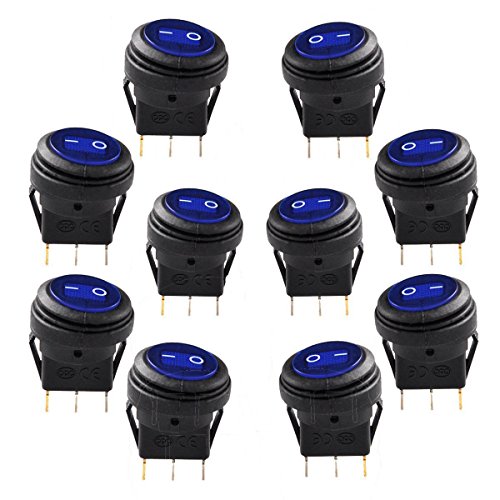 Blue Led Round Rocker Switch Lightronic 12V DC 20 Amp On/Off Rocker Switch IP65 Waterproof Auto Boat 3P SPST Rocker Toggle Switch (10pcs, Blue)