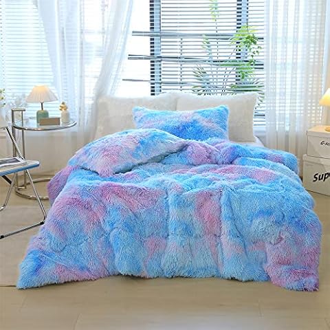 Roscloud Faux Fur Kids Girls Blue Rainbow Comforter Sets Queen - 3PC Bed Set Warm Comfortable Soft Plush Flannel Velvet Fluffy Fuzzy Bedding（Comforter x 1 Pillowcases x 2） Cover