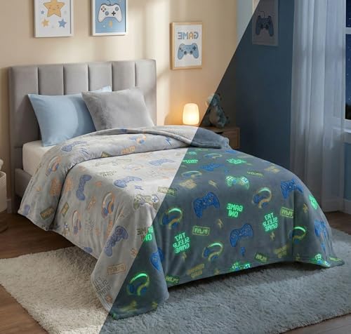 Image of BSB HOME Glow in The Dark Kids Blanket, Soft Flannel Fleece Luminous Blanket for Boys & Girls, Cozy Lightweight Kids Throw for Bed - 42 x 60 in (107 x 152 cm) (Gaming Theme - Slate Grey)