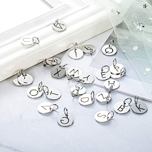 Hooami Silver Letter Beads Metal Letter Charms Stainless Steel Round Disc Initial Pendant A-Z Alphabet Charm For Necklace Earrings Bracelet Jewelry Making #TOP3