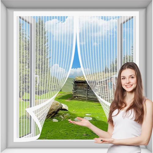 Mosquitera Cortina Puerta Magnetica 110 x 125 cm, con Cinta Mágica de Marco Completo e Imanes Potentes, Mosquitera Iman Fuerte, Malla Anti-Insectos, para Todas Las Puertas y Ventanas, Blanco